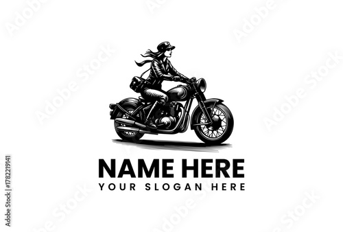 Vintage hand-drawn illustration of a woman riding a classic motorcycle. Black and white retro biker logo design for a motor club or brand