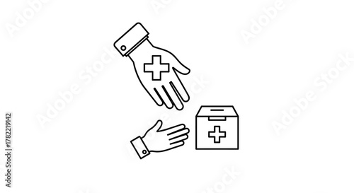 Vector thin line pictograms representing humanitarian aid and refugee crisis, including migration, relief efforts, global support, displaced person ID card, and tent symbols, symbolizing