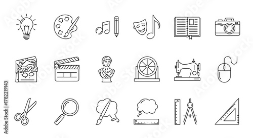 A comprehensive collection of creativity and art icons, meticulously designed in a clean, ordered line art style on a white background, perfect for digital and print projects requiring artistic and