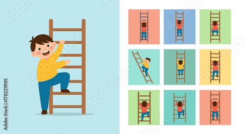 Vibrant flat vector mini-illustrations depicting children climbing ladders in various colorful backgrounds, showcasing activity and growth. A cheerful boy ascends a wooden ladder on a light blue
