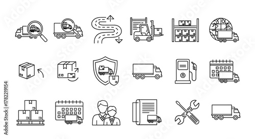 Set of simple vector line icons related to truck logistics, including cargo inspection with a magnifying glass, winding road route, forklift loading boxes in a warehouse, global shipping, package