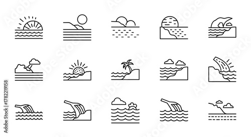 Set of outline icons illustrating shoreline erosion and coastal changes, featuring a receding shoreline, eroded cliff, sediment flow into the water, and various weather conditions impacting coastal
