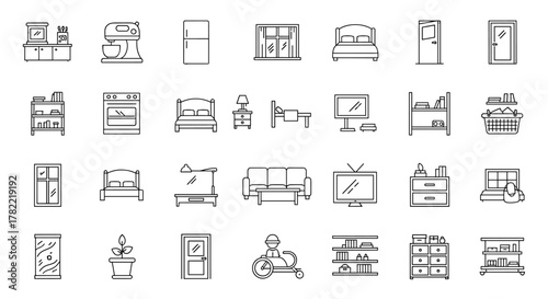 Vivid and Descriptive Line Icons for Interior Design: A Comprehensive Set Featuring Kitchen Appliances, Bedroom Furniture, Living Room Essentials, Storage Systems, and More. Editable Stroke Vector
