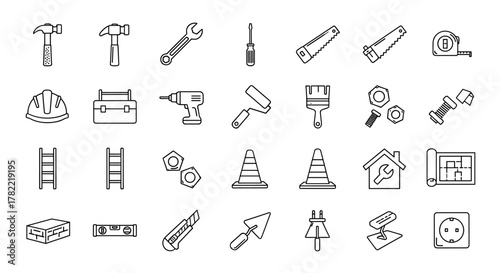 A comprehensive collection of thin line web icons representing construction and home repair tools, including hammers, wrenches, saws, drills, safety helmets, toolboxes, ladders, traffic cones