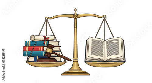 Vector illustration of balanced scales of justice, symbolizing legal fairness and comparison, featuring a stack of law books, a judge's gavel, a diploma, and an open book on a white background