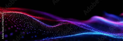 Abstract flowing digital wave of glowing particles in vibrant neon red purple and blue light against a dark background