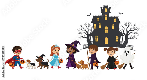 Whimsical children in Halloween costumes gather candy near a spooky haunted house for trick or treating fun