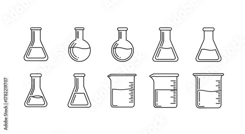 Collection of laboratory glassware icons, including Erlenmeyer flasks and beakers with liquid, presented in a clean outline style. This vector set is perfect for science, education, and