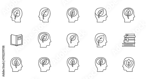 A collection of linear vector icons depicting a human head profile with a leaf inside, symbolizing environmental consciousness, eco-friendly thinking, and nature-inspired ideas, alongside icons of an