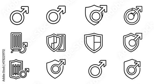 Collection of line art icons representing the male gender symbol combined with shields and a radiator, symbolizing protection, security, and male identity. This vector graphic set is perfect for