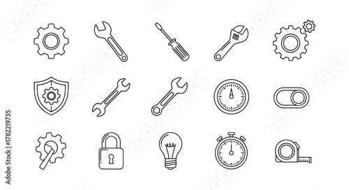 Collection of simple, isolated line icons representing mechanisms and settings, featuring gears, wrenches, screwdrivers, a shield, a padlock, a lightbulb, timers, a toggle switch, and a measuring