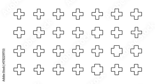 Seamless pattern of simple linear medical cross symbols, perfect for hospital branding, healthcare websites, and educational materials. This editable stroke vector graphic collection features a