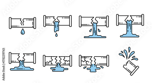 Set of minimalistic vector cartoon illustrations depicting a broken pipe with water leaks of varying intensity, symbolizing plumbing issues, water damage, or maintenance needs, presented on a clean