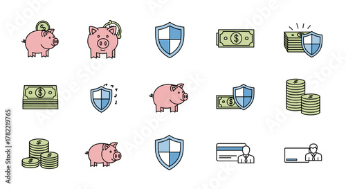 Collection of flat design icons representing financial security and savings, featuring piggy banks, stacks of coins, banknotes, shields, and credit cards, ideal for interface elements, social media