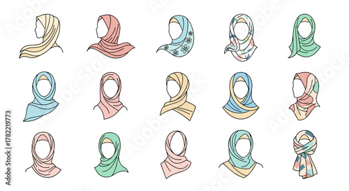 Collection of 15 diverse and stylish hijab fashion illustrations, presented as clean vector line art on a white background, showcasing various colors, patterns, and draping styles for modern Muslim