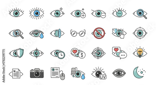 A comprehensive collection of eye-related line icons, featuring outline signs perfect for graphic and web design, mobile applications, advertising campaigns, and diverse card designs. This vector