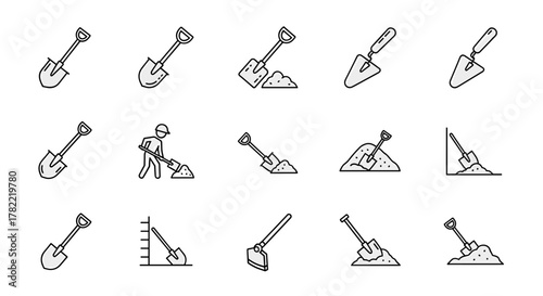 Collection of stylized line icons representing shovels and digging tools, including a construction worker in action, isolated on a white background, perfect for graphic design, web development, app