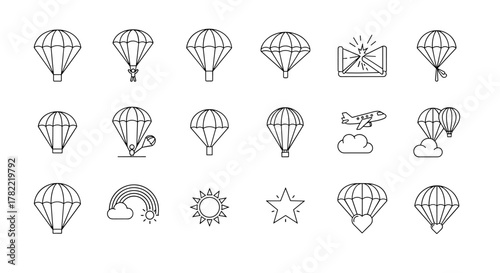 Set of thin line icons representing parachutes, paragliding, hot air balloons, and related elements like airplanes and clouds, perfect for web, books, cards, and apps, presented as a clean vector