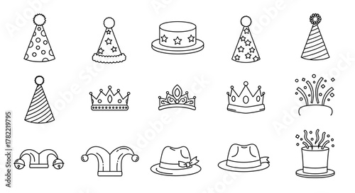 Collection of thin line icons representing party hats, crowns, jester hats, fedoras, and confetti poppers, suitable for web, books, cards, and apps, presented as a cartoon illustration on a white