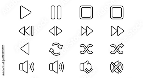 Collection of outline media player icons, including play, pause, stop, rewind, fast forward, repeat, shuffle, and volume controls, presented as a vector cartoon illustration on a white background