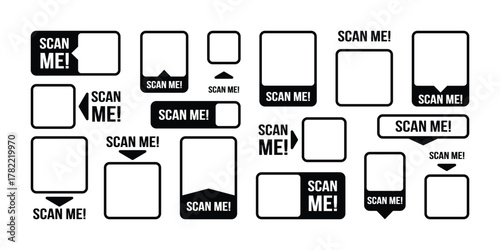 Scan Me Label Collection Design. QR Code Frame Vector Set