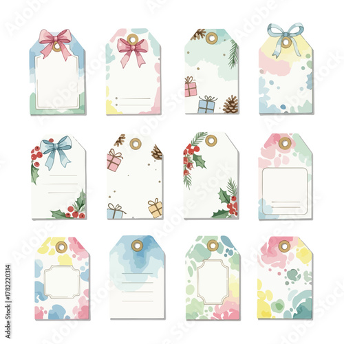 Vector Christmas Gift Tag Set with Holiday Botanical Elements in Soft Pastel Colors for Festive Seasonal Design