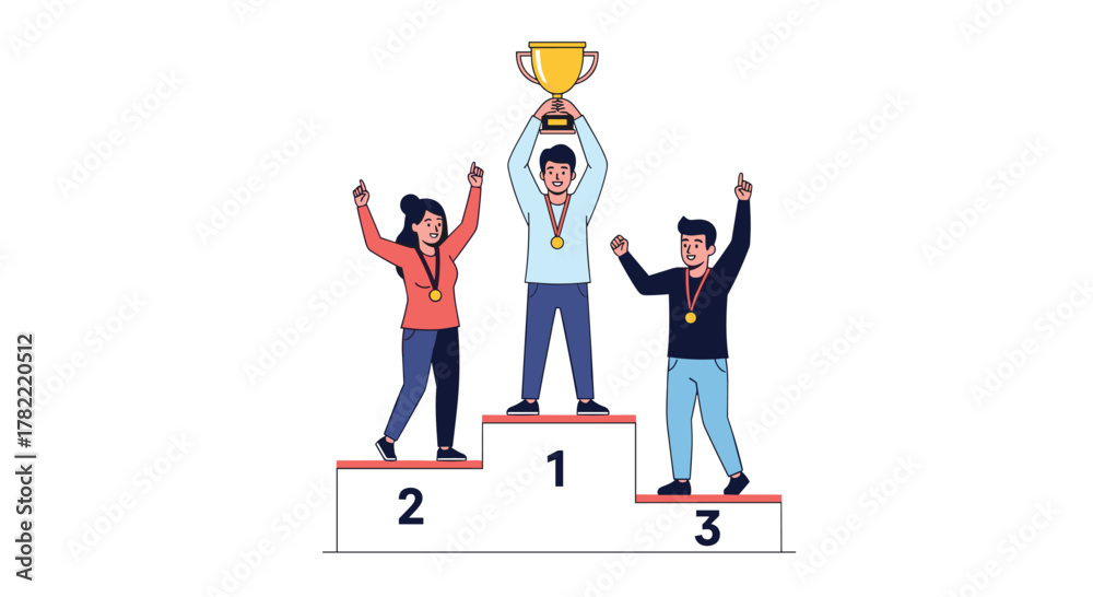 Fototapeta premium Excited diverse team celebrating victory with trophy and medals on podium, showcasing achievement and success