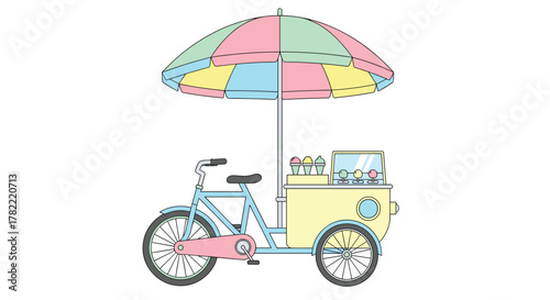 Delightful ice cream bicycle cart with colorful umbrella brings sweet treats and summer fun to any scene