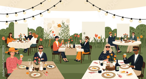 Chic friends enjoying a delightful garden party brunch with wine and food under festive string lights