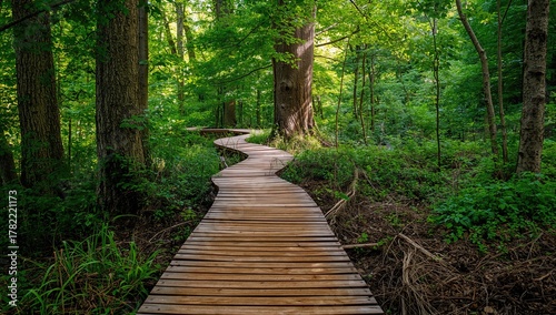 Fototapeta Naklejka Na Ścianę i Meble -  Wooden boardwalk winding through a vibrant summer forest, inviting exploration