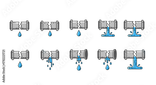 Set of broken pipe icons with water leaks, illustrating plumbing issues and water damage. These linear, outline-style vector graphics are perfect for graphic design, web design, app development