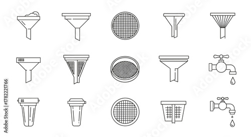 Collection of filter signs and symbols, including various funnel types, sieves, and faucets with dripping water, rendered in a clean, thin-line vector style on a white background, perfect for graphic