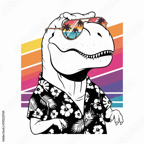 Stylish T-Rex wearing sunglasses with a beach view and a floral shirt design