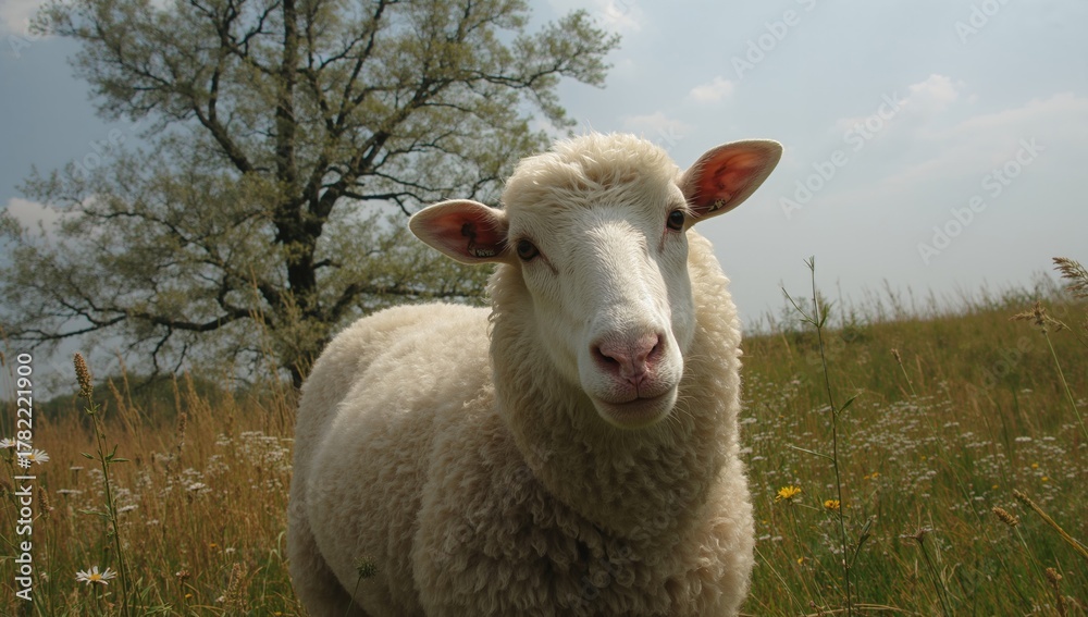 Fototapeta premium A sheep grazing in a field with a tree behind, embodying rural tranquility, World Animal Day
