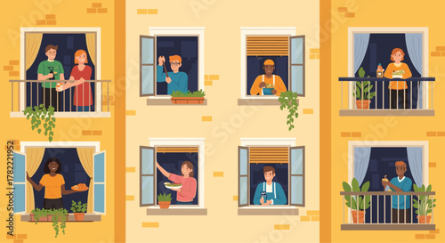 Diverse neighbors share food and connect from open windows and balconies, fostering community spirit and togetherness during quiet evenings