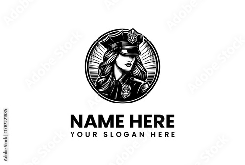 Police Officer Emblem Design for Branding, Featuring a Female Policewoman in a Circle Frame with Custom Text