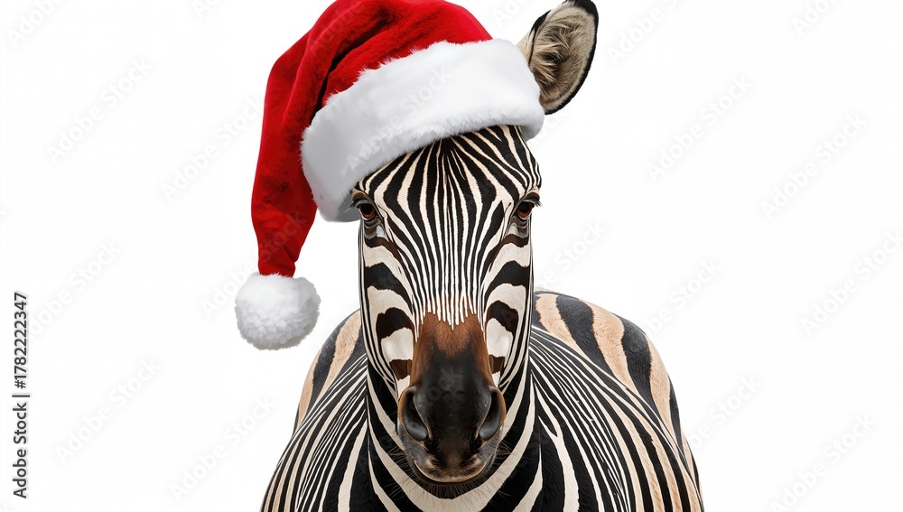 Obraz premium Graphical zebra wearing a Santa Claus hat set against a white background, festive illustration