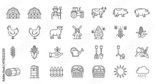 A comprehensive line art icon set depicting various elements of farming and agriculture, including barns, a farmer with a pitchfork, a tractor, farm animals like cows, pigs, sheep, and chickens, a