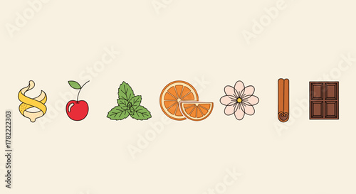 A vibrant and descriptive collection of flat design icons representing common liqueur garnishes, including a lemon twist, cherry, mint leaf, orange slice, edible flower, cinnamon stick, and a