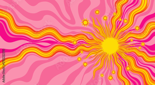 Groovy retro sun burst and sunshine elements in a wavy pink background with vibrant yellow and orange sun rays, Y2K style bright graphic burst for modern abstract design, psychedelic and trippy