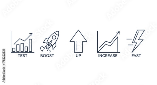 Set of five minimalist line icons representing business growth and speed: a bar chart labeled 'TEST', a rocket labeled 'BOOST', an upward arrow labeled 'UP', a line graph labeled 'INCREASE', and a