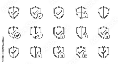 Set of security shield icons with check marks and padlocks, representing protection, verification, and secure access. Vector illustration of clean line art symbols for digital safety and data privacy.