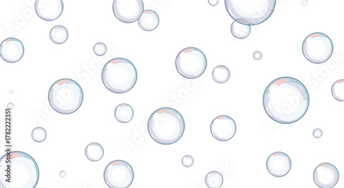 A whimsical and vibrant vector illustration featuring a collection of translucent soap bubbles with iridescent rainbow highlights, floating gracefully against a clean white background, creating a