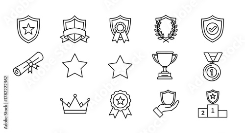 A collection of minimalistic, line-art icons representing awards, achievements, and recognition. Includes shields with stars and checkmarks, ribbons, laurel wreaths, diplomas, stars, trophies