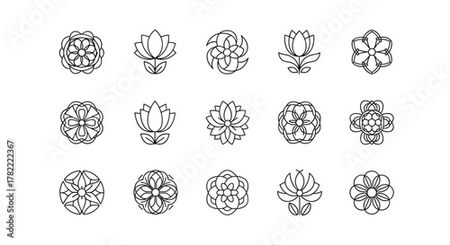 Collection of fifteen stylized, abstract floral icons and ornaments, presented as clean line art on a white background, perfect for logos, branding, and decorative elements in design projects.