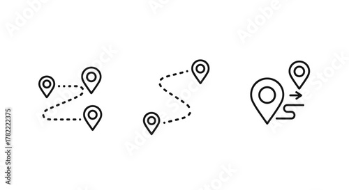 Vector set of route optimization line icons, showcasing route icons between two points with dotted paths and location pins, ordered line icons, and a route location icon, perfect for navigation and