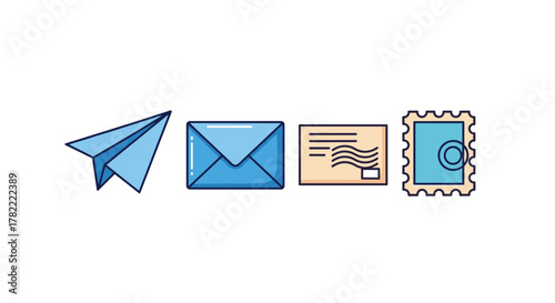A collection of four vibrant, flat-design icons representing communication and mail services, including a blue paper airplane, a blue envelope, a tan envelope with postage markings, and a blue