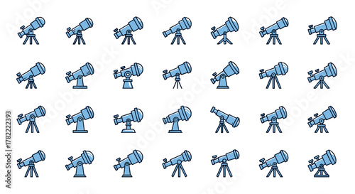 A collection of minimalistic blue telescope icons, featuring filled color and linear pictogram styles, ideal for web design, graphic design, apps, banners, social networks, cards, and vector cartoon