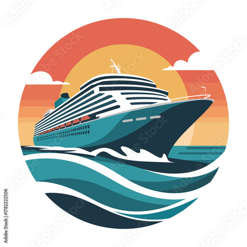 Cruise Ship Vector Illustration Ocean Sea Waves Vacation Holiday Tourism Nautical Travel Boat Vessel Marine Adventure Voyage Destination Coastline Sunset