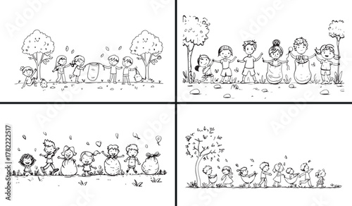 kids playing illustration, outdoor playground sketch, happy children artwork, fun activity drawing, hand drawn kids art, outdoor family fun, child recreation illustration, nature play design, summer o